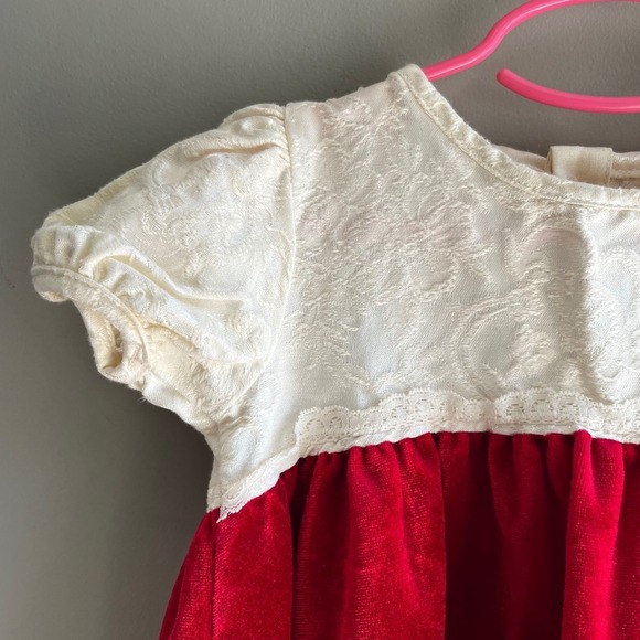 Toddler Girls Red Velvet Dress Party Holiday Damask Top Short Sleeve - Picture 3 of 9